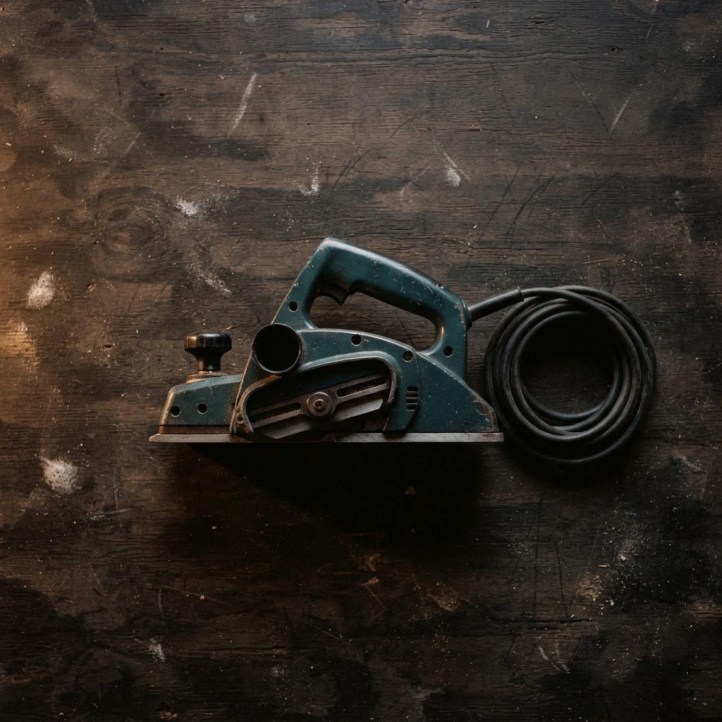 A vintage electric planer photographed from directly above on a dark bench.