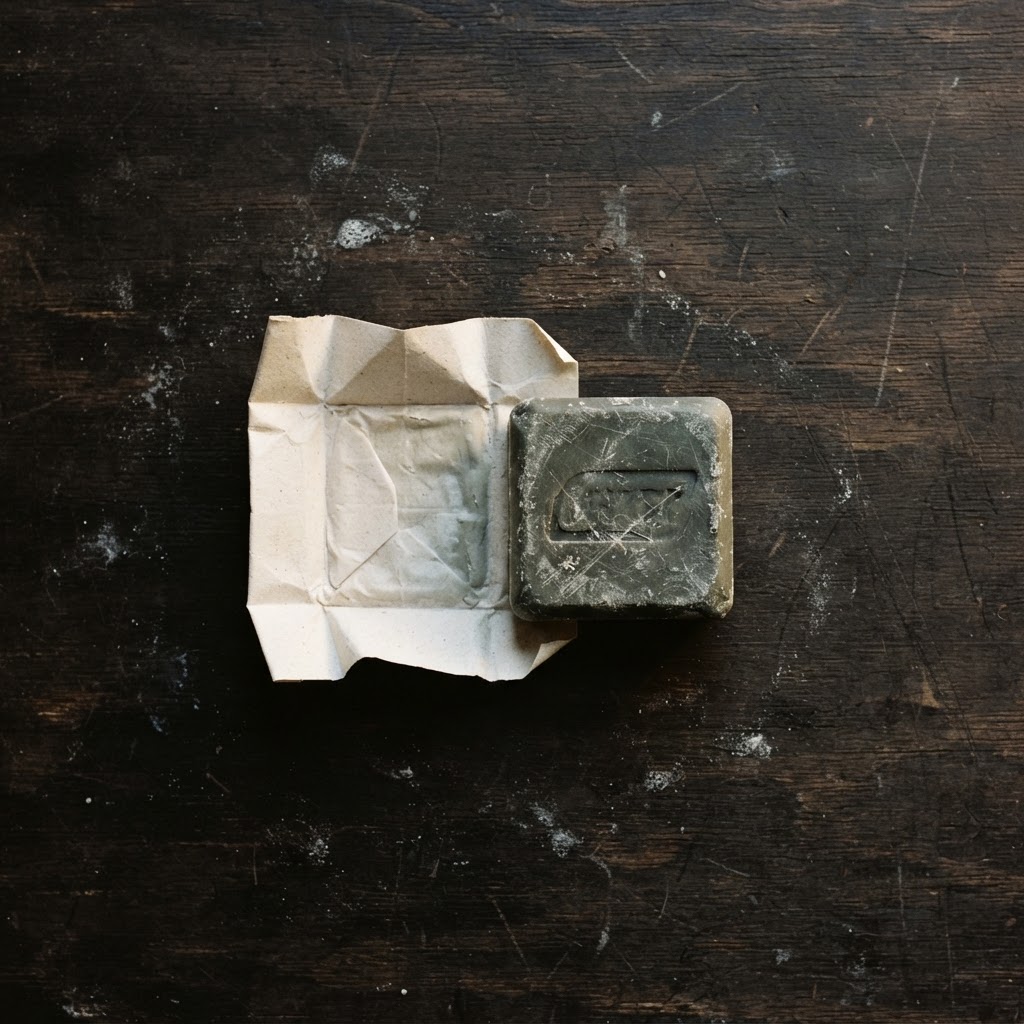 A bar of surf wax with its paper wrapper, photographed from directly above on a dark bench.