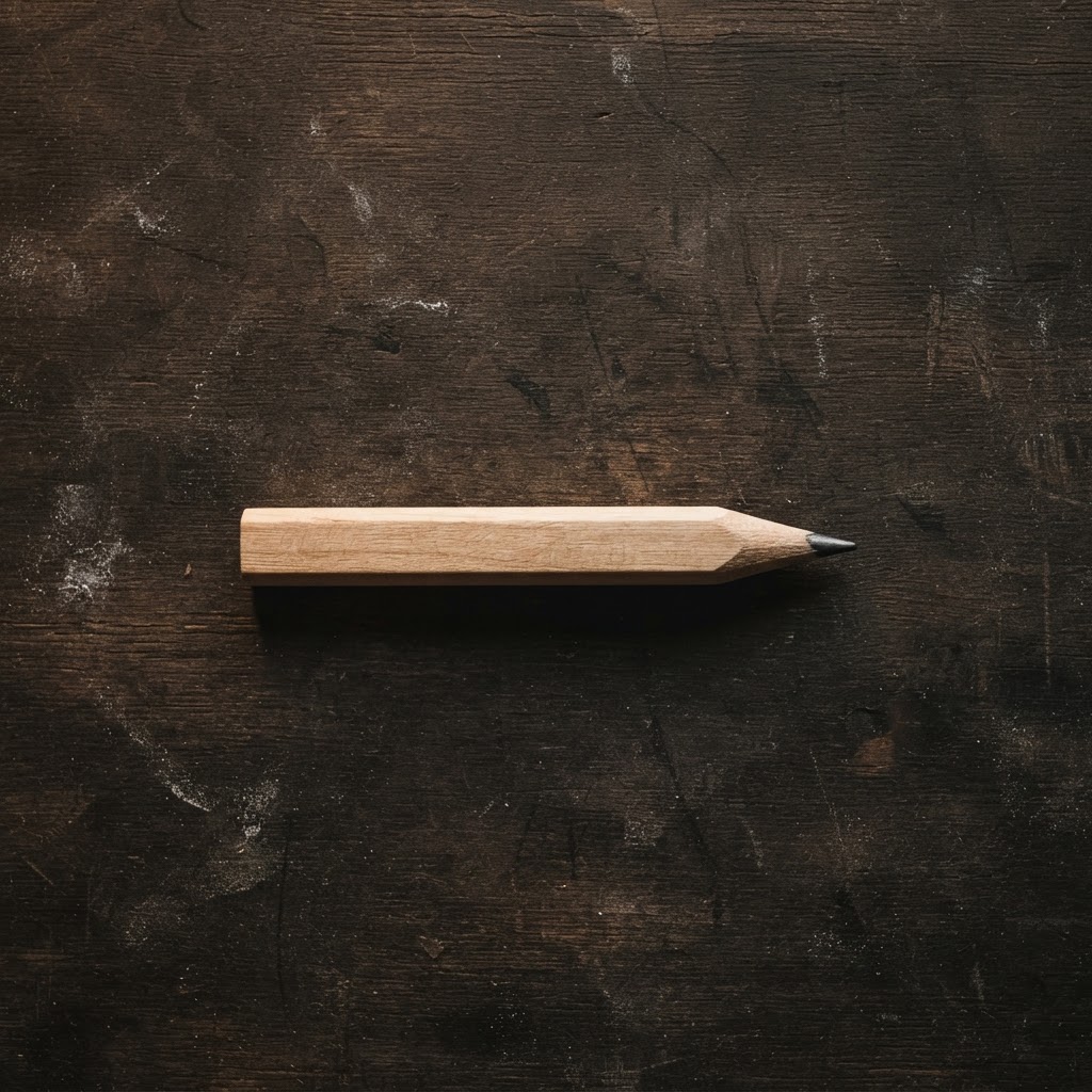A flat carpenter's pencil photographed from directly above on a dark bench.