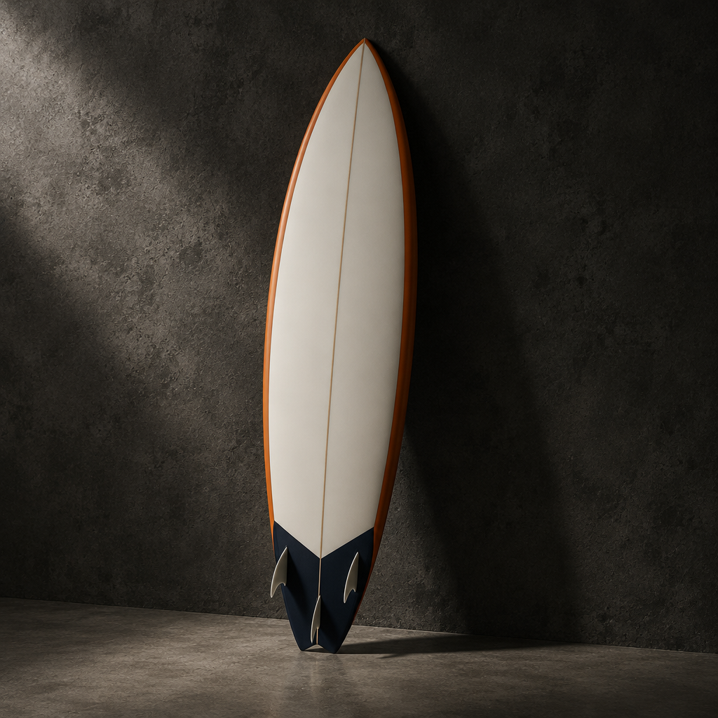 Coxos Point shortboard, off-white deck with a burnt orange rail band, leaning against a concrete wall