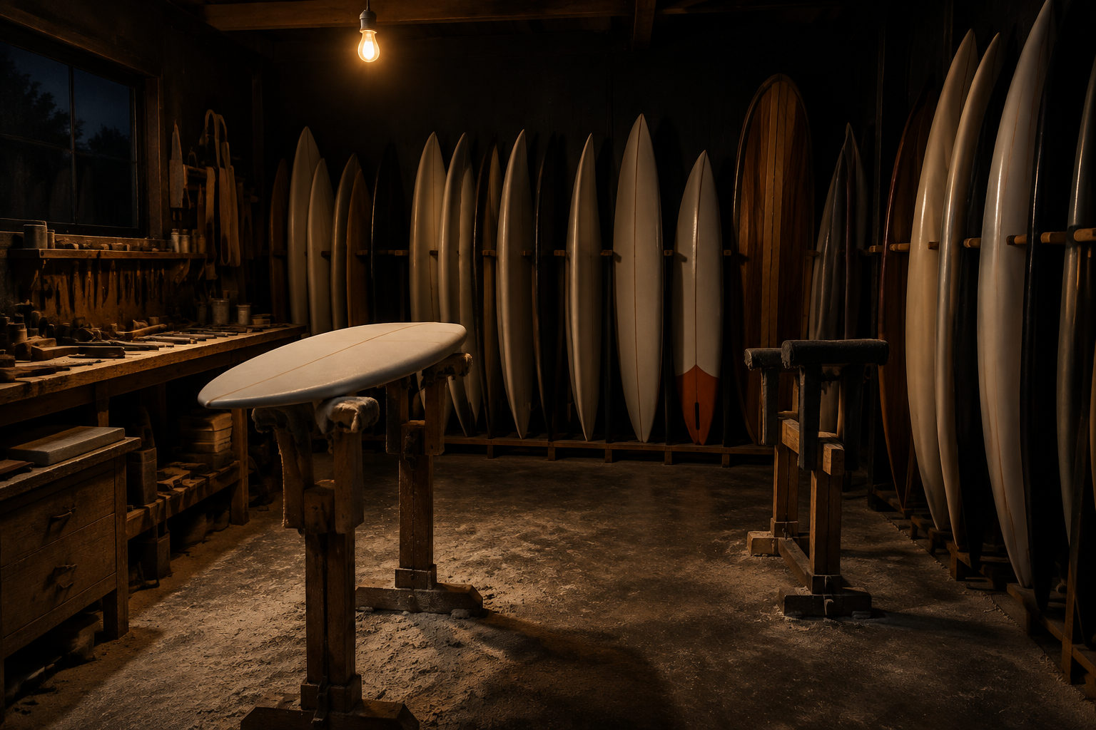 The Saltline shaping bay at night, finished boards racked against the wall under one warm light