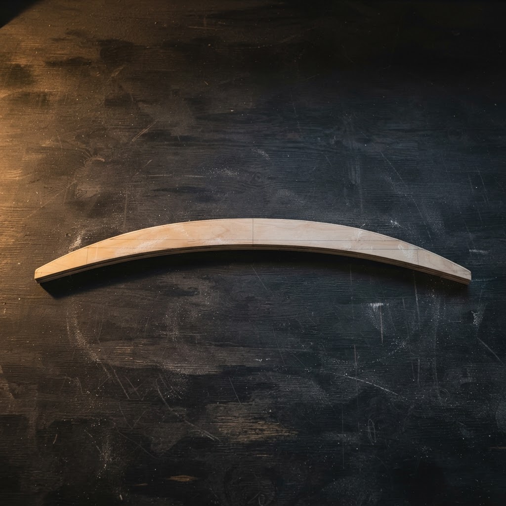 A curved plywood rail template photographed from directly above on a dark bench.