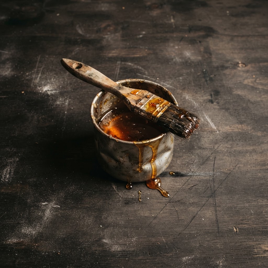 A small metal pot of amber resin with a brush across the rim, photographed from above.