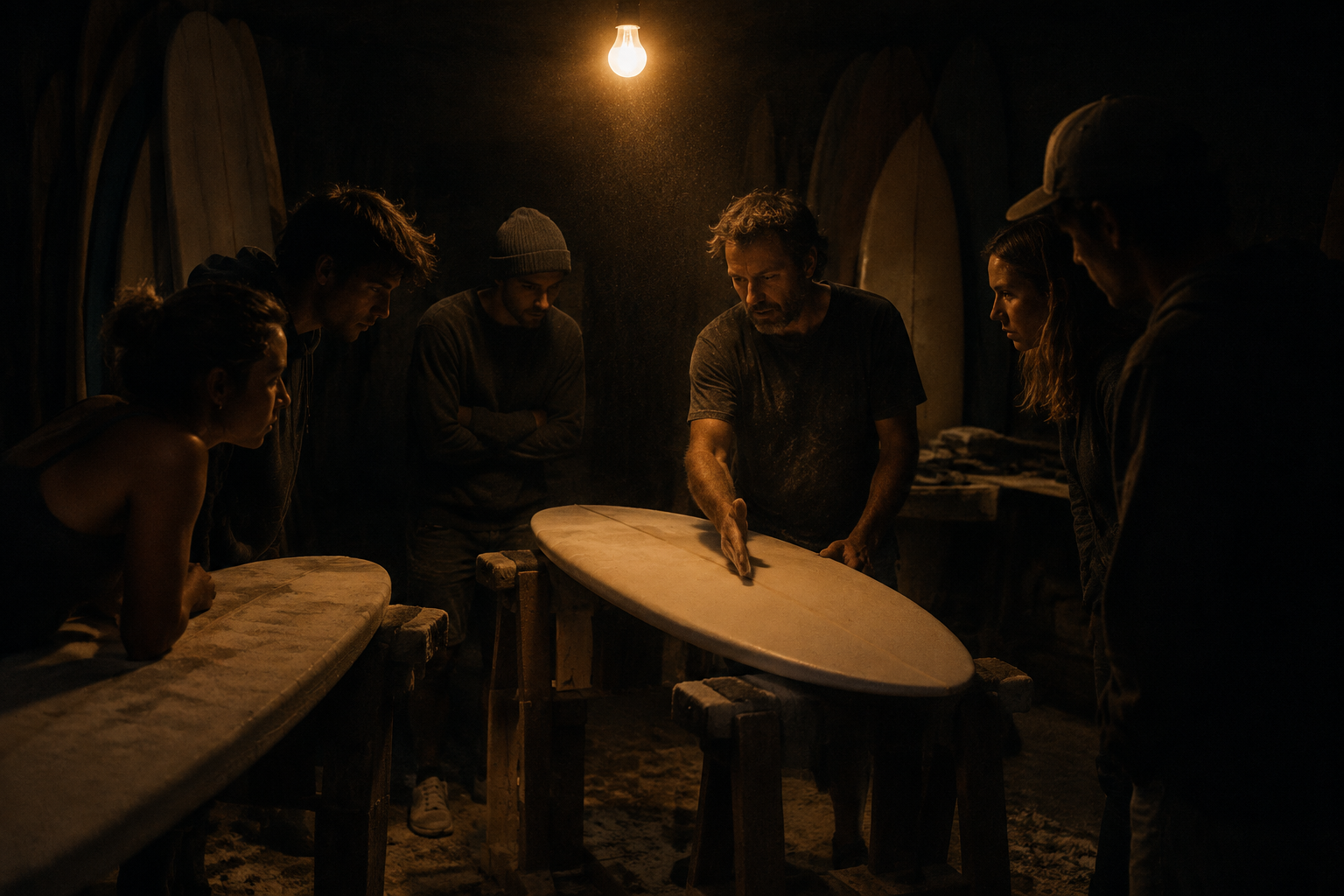 Six people gathered around shaping racks in a dim workshop under one warm bulb