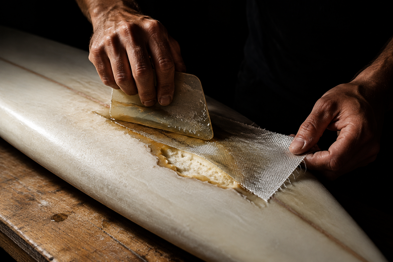 Hands patching a surfboard ding with fibreglass cloth and resin under a single hard light