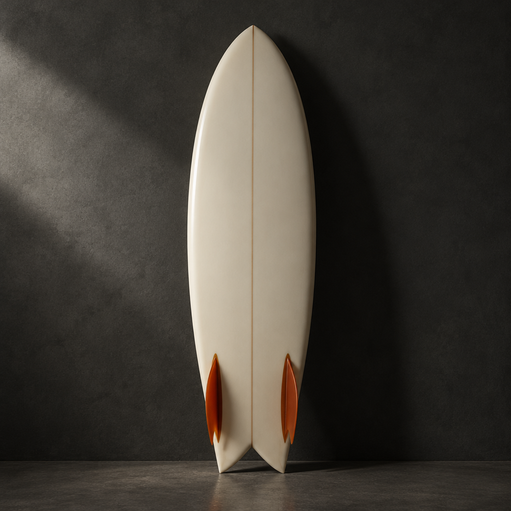 São Julião Keel fish surfboard in pale cream resin with two burnt orange keel fins