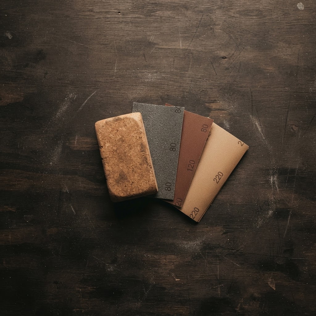 A cork sanding block with sheets of sandpaper in three grits, photographed from above.