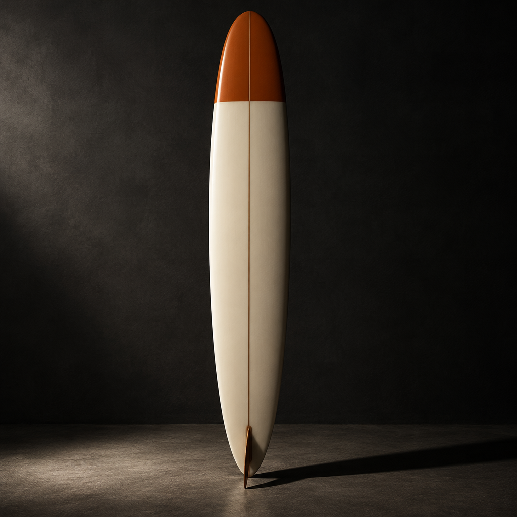 Baleal Log longboard in cream resin with a burnt orange nose block and a single fin