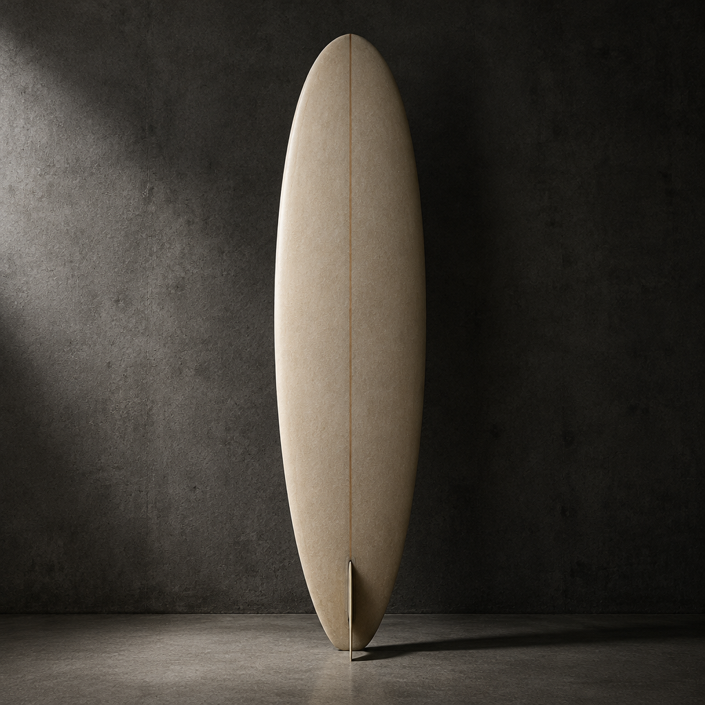 Carvalhal Cruiser mid-length surfboard in sand-coloured matte resin with a single fin