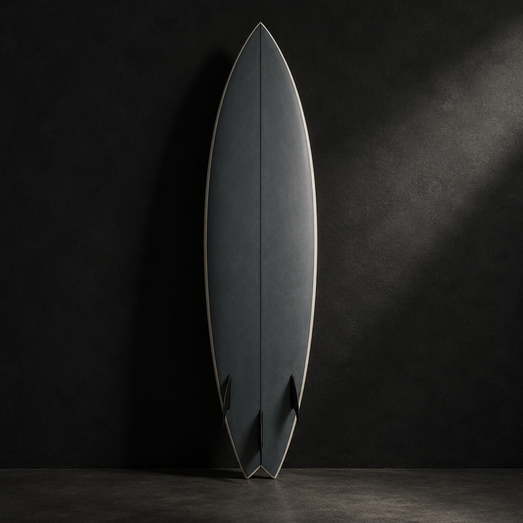 Norte Steps shortboard in matte slate grey resin with an off-white pinline