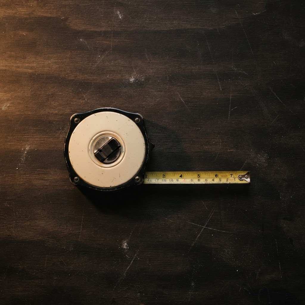 A coiled measuring tape in a cream and black case, photographed from above.