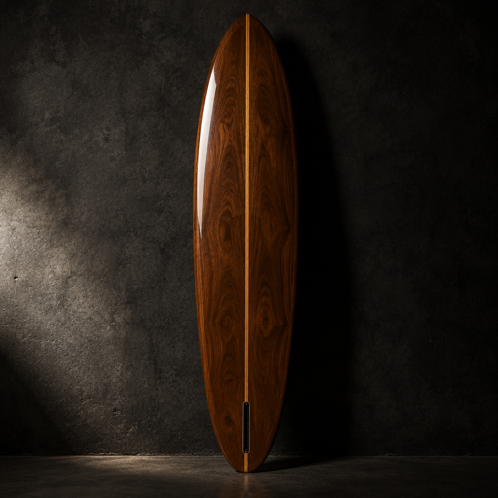 Matadouro Mid mid-length surfboard with a walnut-brown gloss deck and visible cedar stringer
