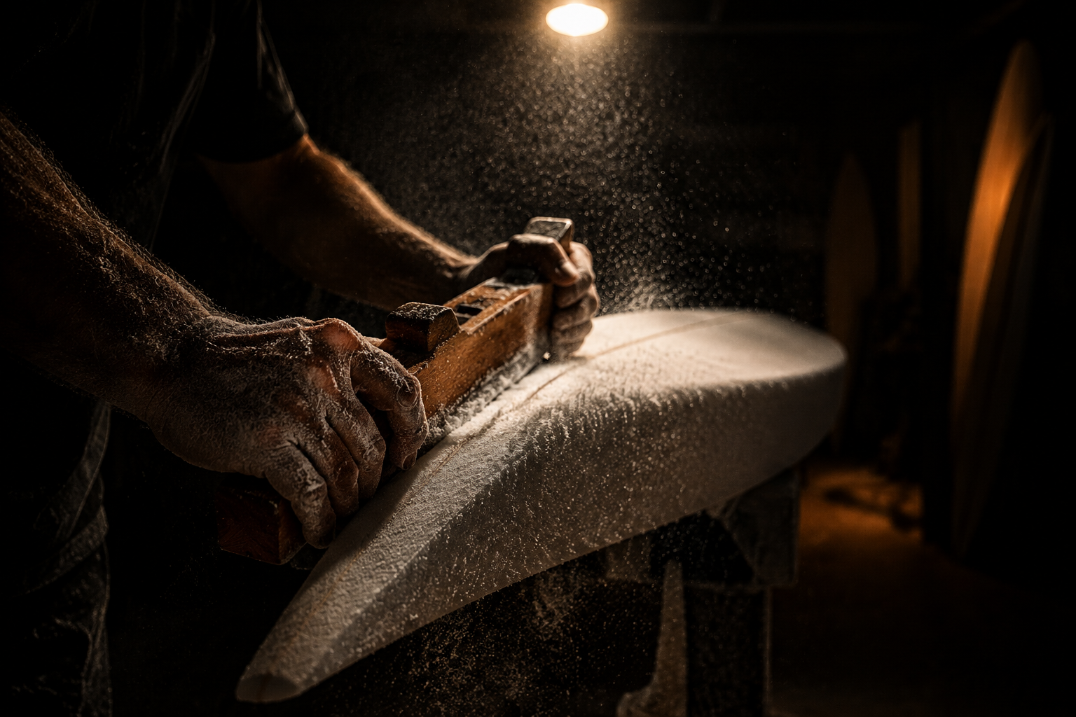 A shaper running a wooden hand plane down the rail of a foam blank, foam dust hanging in a single overhead bulb