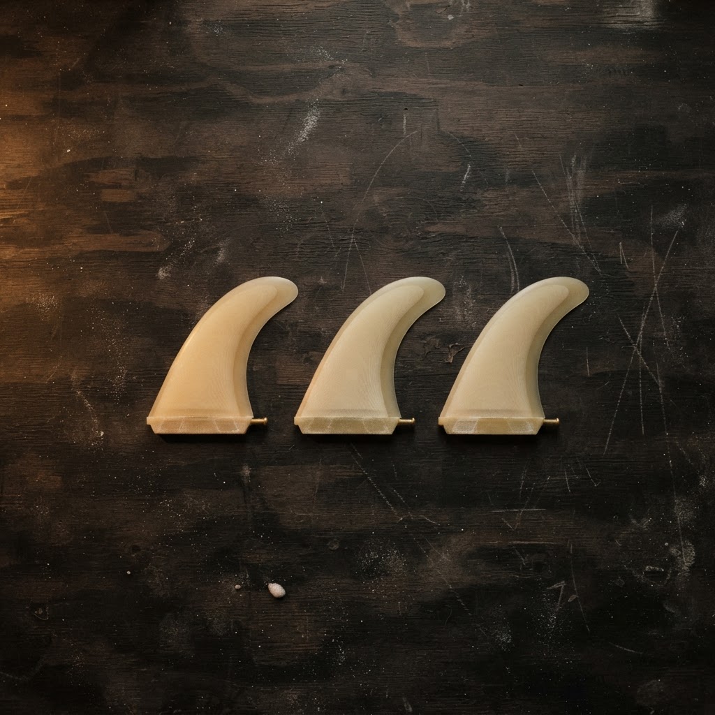 A set of three cream fibreglass surfboard fins in a row, photographed from above.