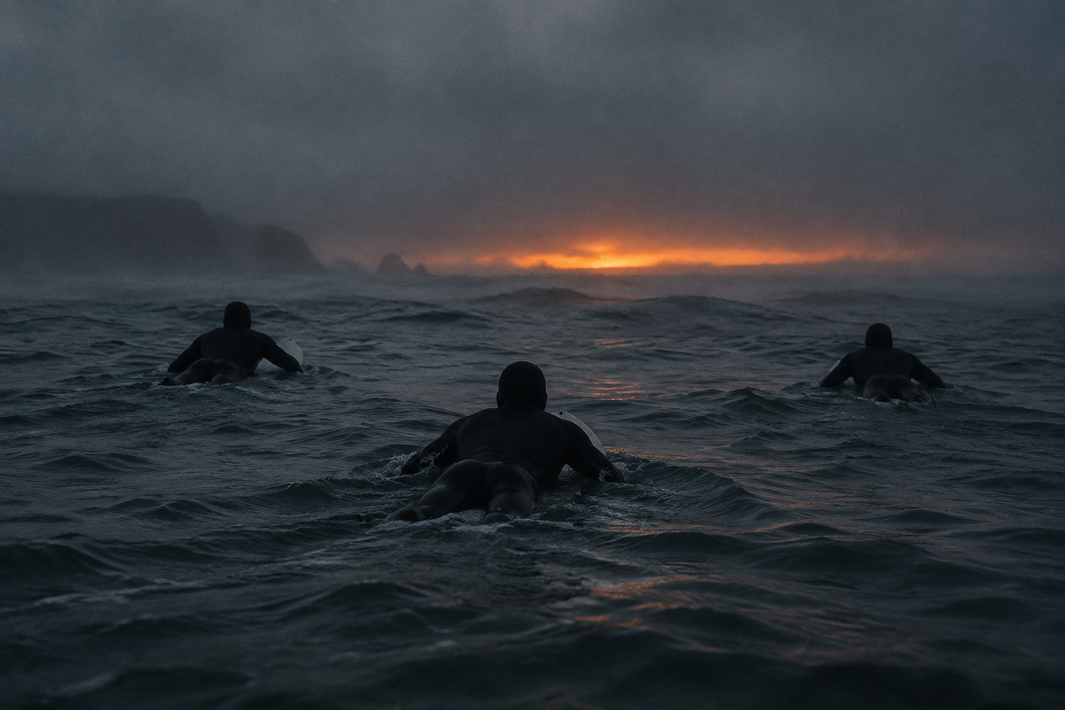 Three surfers paddling out through cold grey dawn water towards a band of orange light