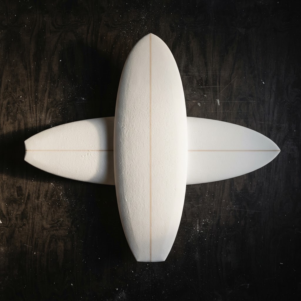 A white foam surfboard blank photographed from directly above on a dark plywood bench.
