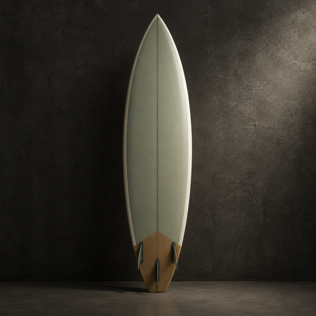 Ribeira Round shortboard in off-white resin with a sage-green deck tint, standing against a dark grey wall