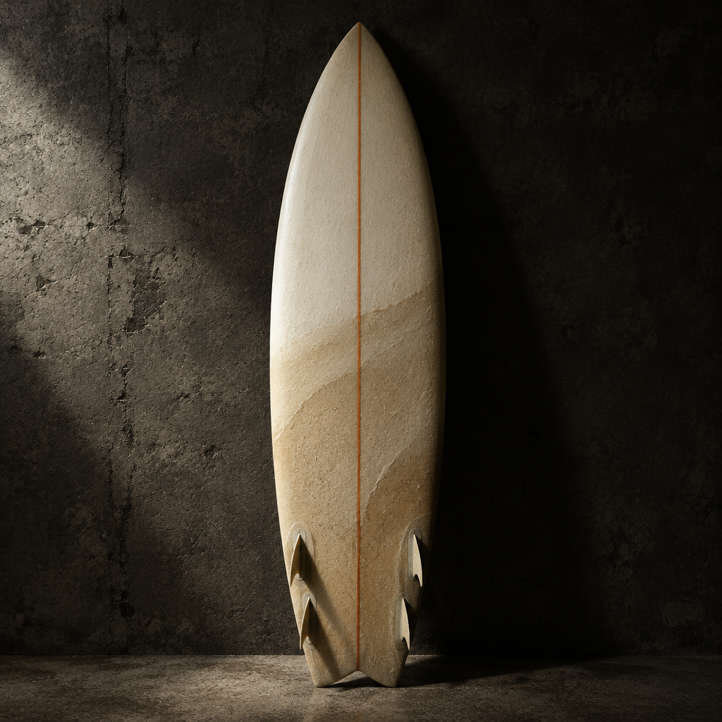 Pedra Branca shortboard with a raw sanded cream and sand finish and a thin orange pinline