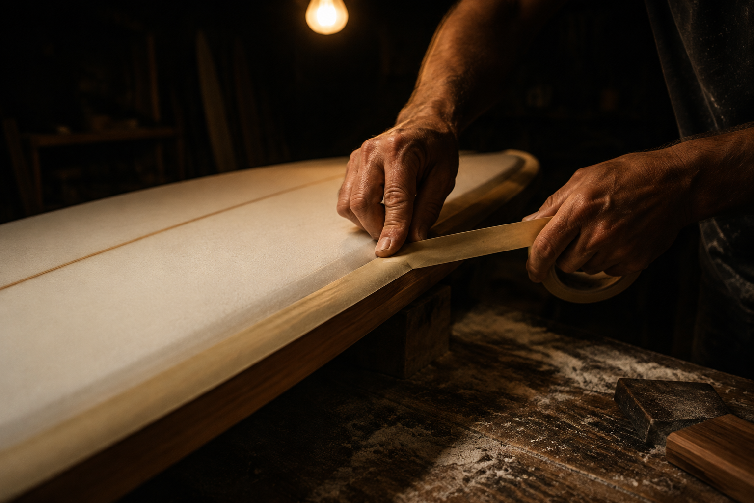 A shaper pressing masking tape along the rail of a surfboard on a dusty bench