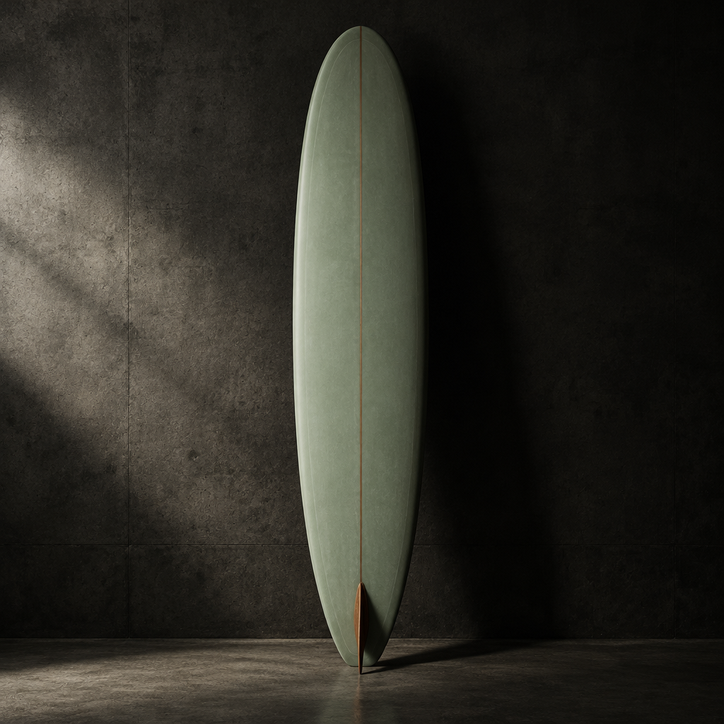 Ericeira Single longboard in pale sage-green matte resin with a wooden single fin