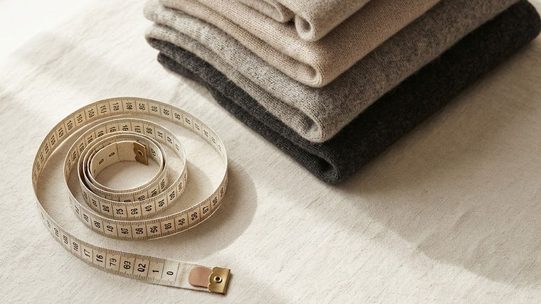 A tape measure coiled beside folded neutral clothing