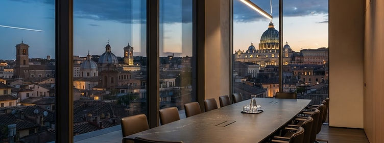 A contemporary Roman room overlooking the city at dusk, representing collaboration