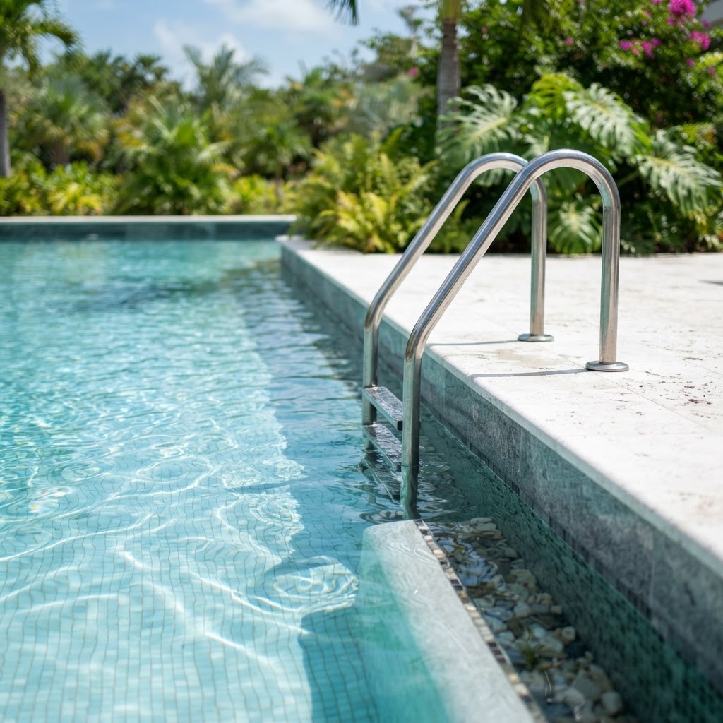 Detalhe de uma piscina com água cristalina e escada em inox