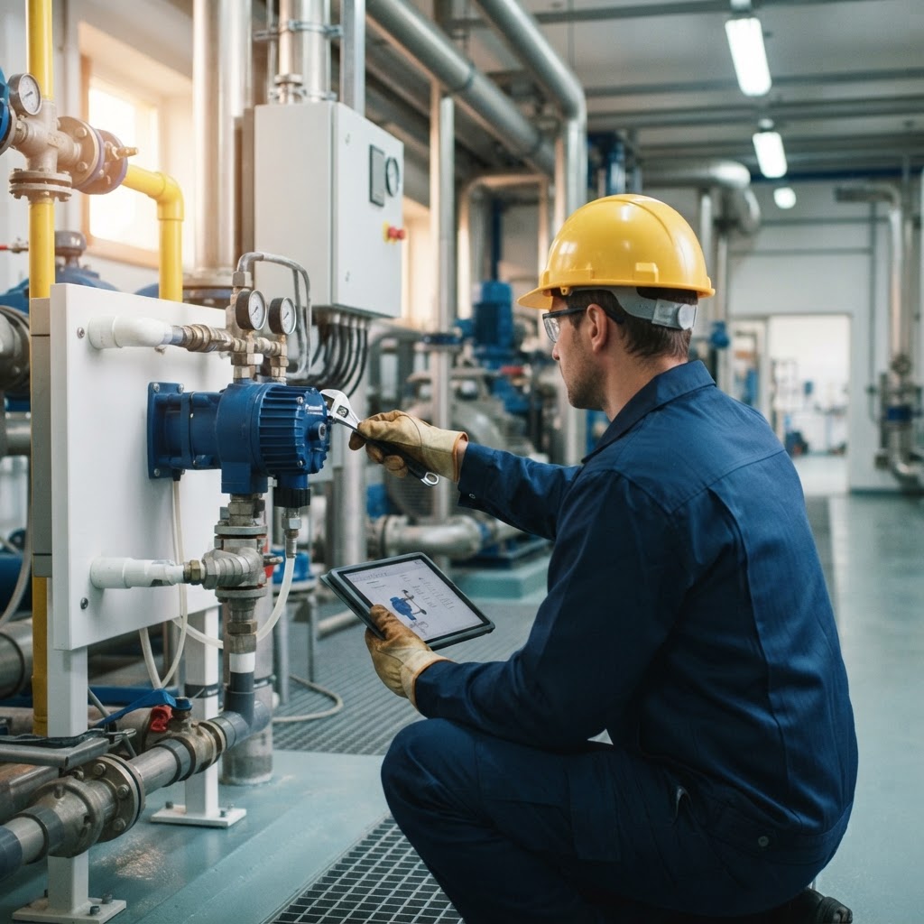 Técnico da AWS a verificar equipamento de tratamento de água
