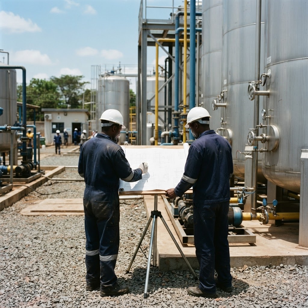 Engenheiros a analisar desenhos técnicos numa instalação de tratamento de água
