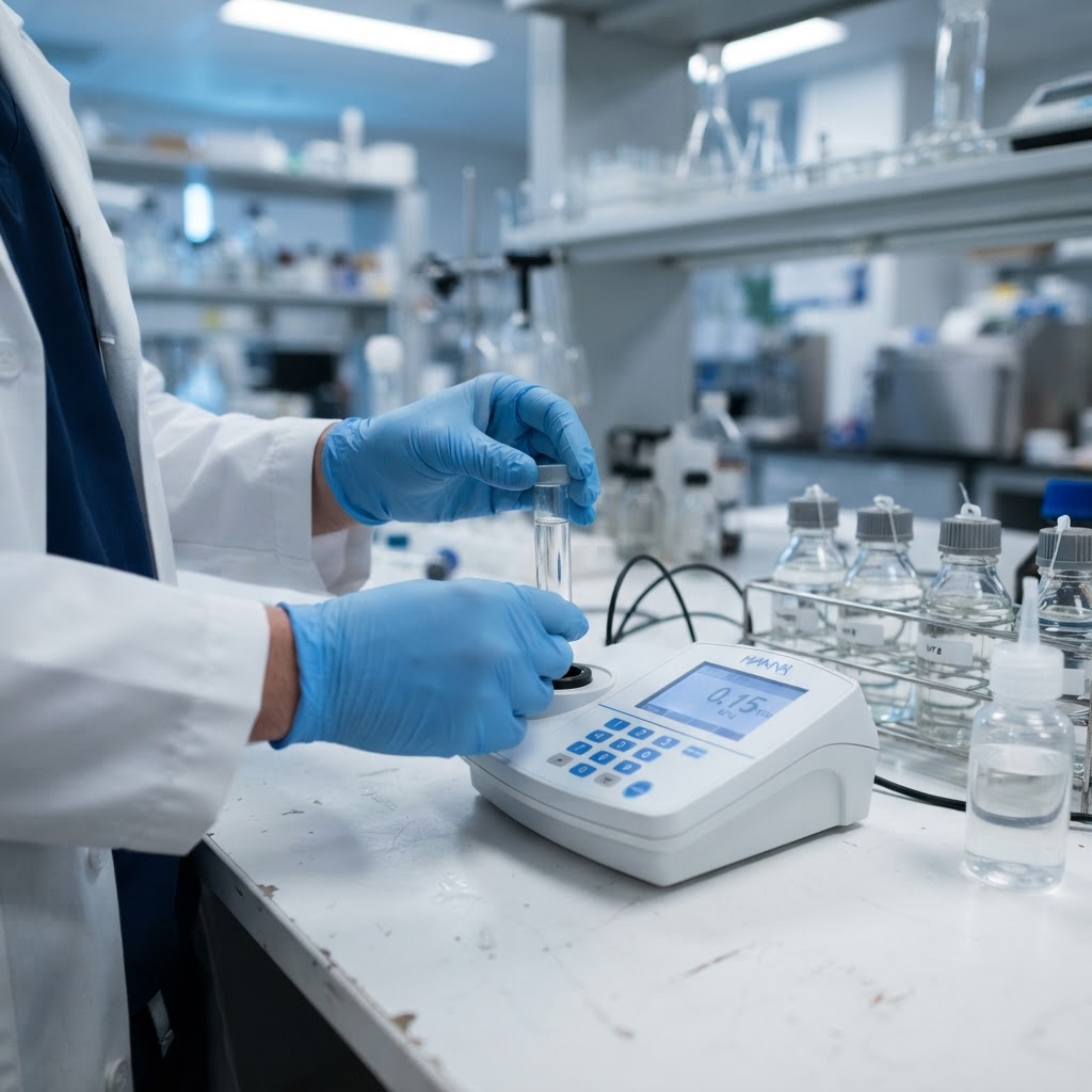 Análise de amostras de água em laboratório com equipamento de medição
