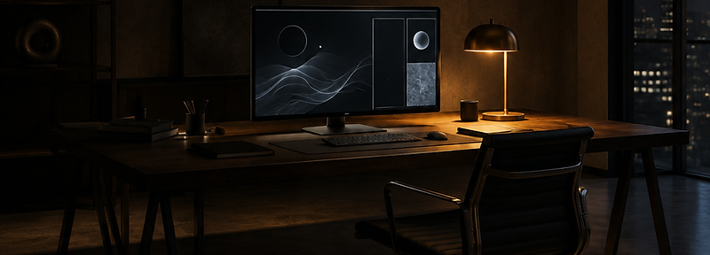 Studio de design premium, cu lumină caldă și atmosferă discretă