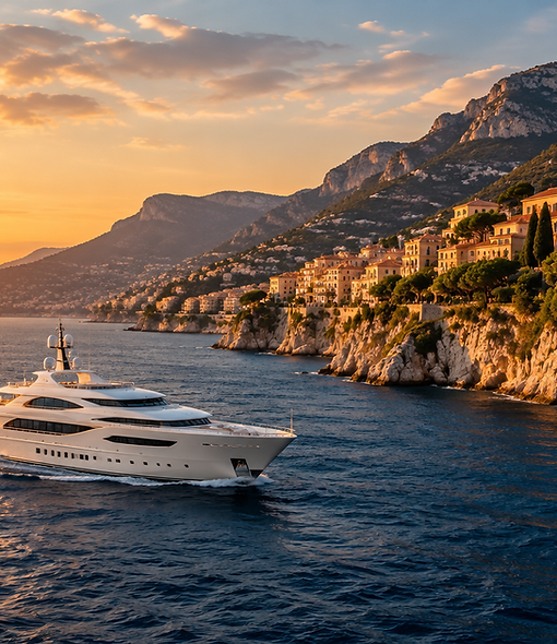 The South of France coastline with a superyacht cruising past at golden hour