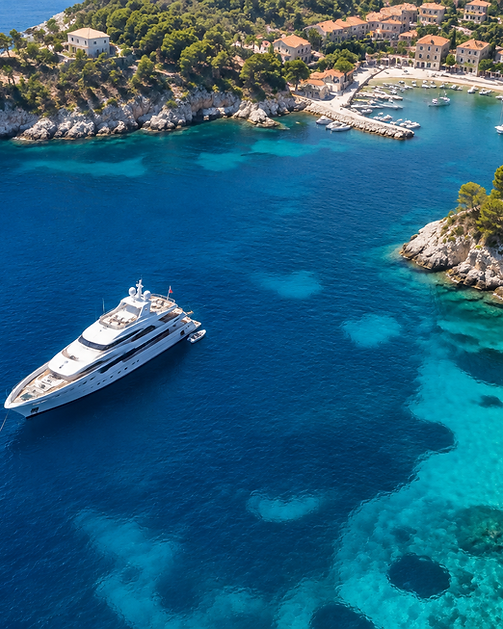 Aerial view of a superyacht anchored in a Mediterranean bay