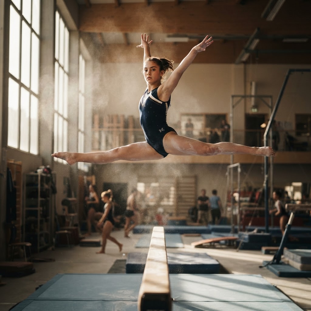 Gymnast mid-leap above the balance beam