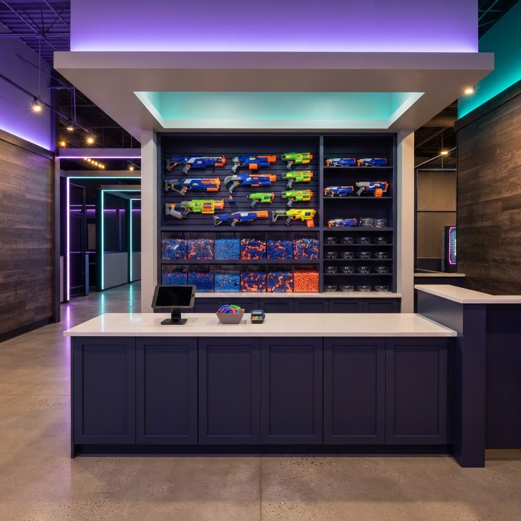 Volley check-in counter and blaster wall