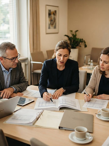 Équipe d’auditeurs en briefing, dossiers et grilles de contrôle sur la table