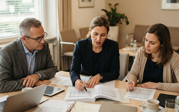 Équipe d’auditeurs en briefing, dossiers et grilles de contrôle sur la table