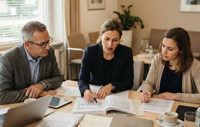 Audit team in briefing, files and control checklists on the table