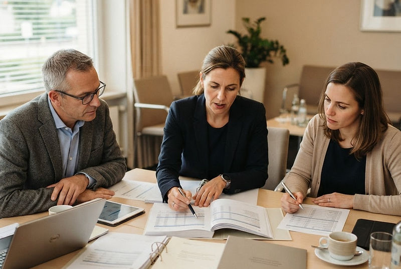 Équipe d’auditeurs en briefing, dossiers et grilles de contrôle sur la table
