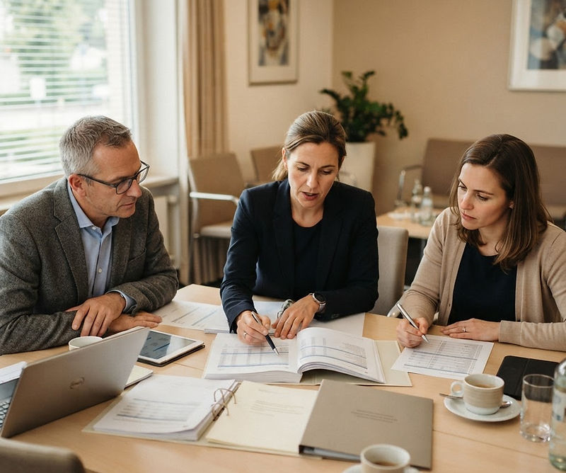 Équipe d’auditeurs en briefing, dossiers et grilles de contrôle sur la table
