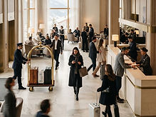 Hall d’hôtel au petit matin, avant l’arrivée des premiers clients