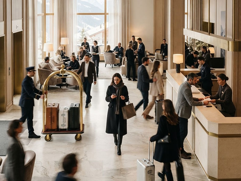 Guests and team crossing in the lively lobby of a boutique hotel