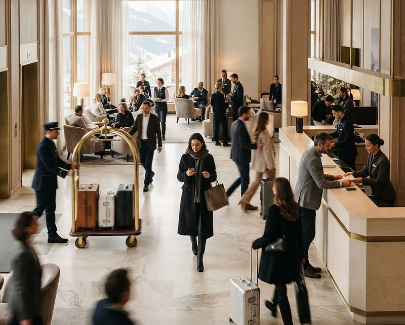 Clients et équipe se croisant dans le hall animé d’un boutique-hôtel