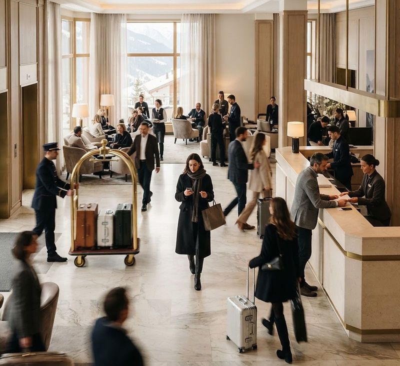 Guests crossing a hotel lobby, receptionist at the desk and bellman on the move