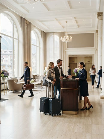 Hall lumineux d’un établissement hôtelier, équipe en service