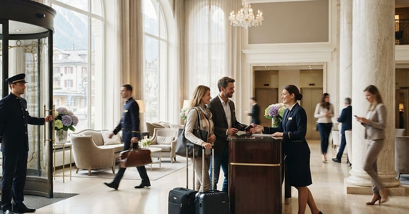 Clients accueillis à la réception d’un hall lumineux, bagagistes et voiturier en mouvement