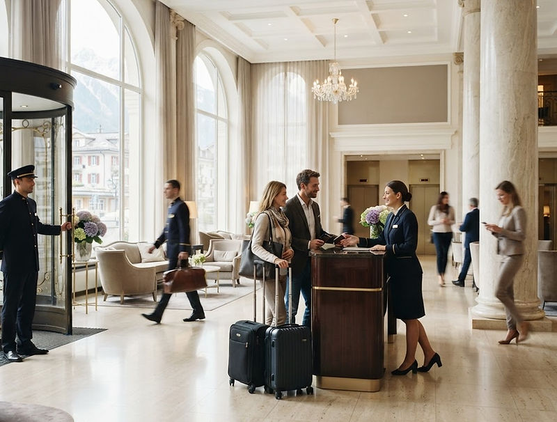 Hall d’un palace préparé pour l’arrivée des clients, en fin de journée