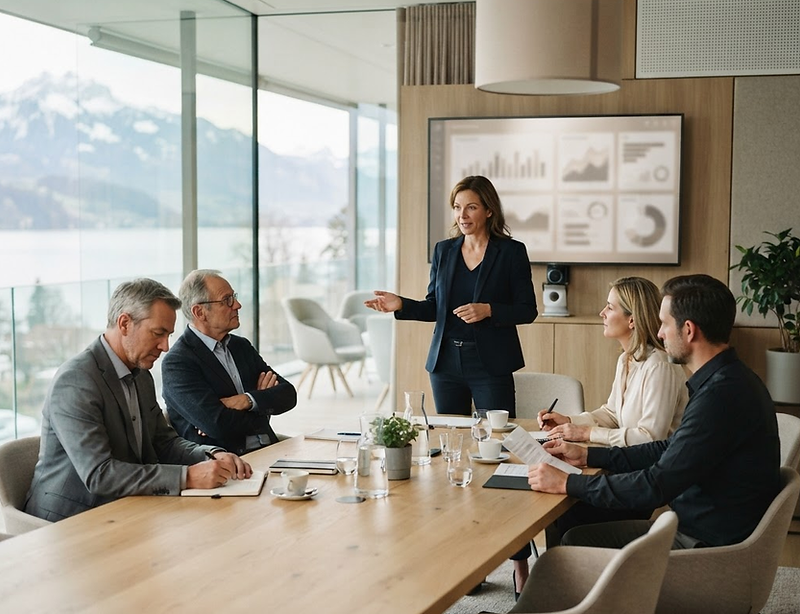 Comité de direction réuni autour d’une longue table de conseil