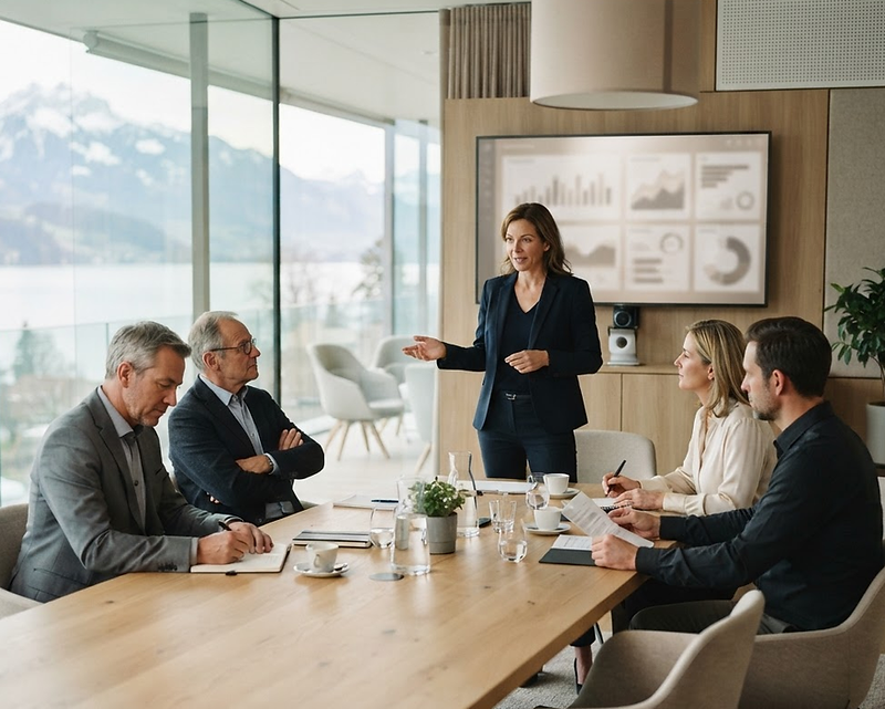 Executives gathered around a boardroom table in a hotel