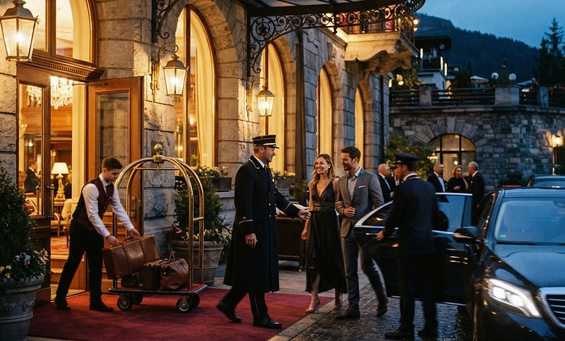 Guests arriving at the entrance of a Swiss palace at dusk, valet and porter